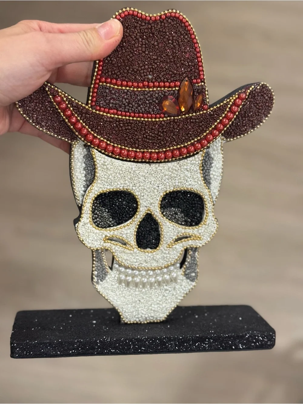 Beaded Cowboy Skull Decorative Accent - White and Brown